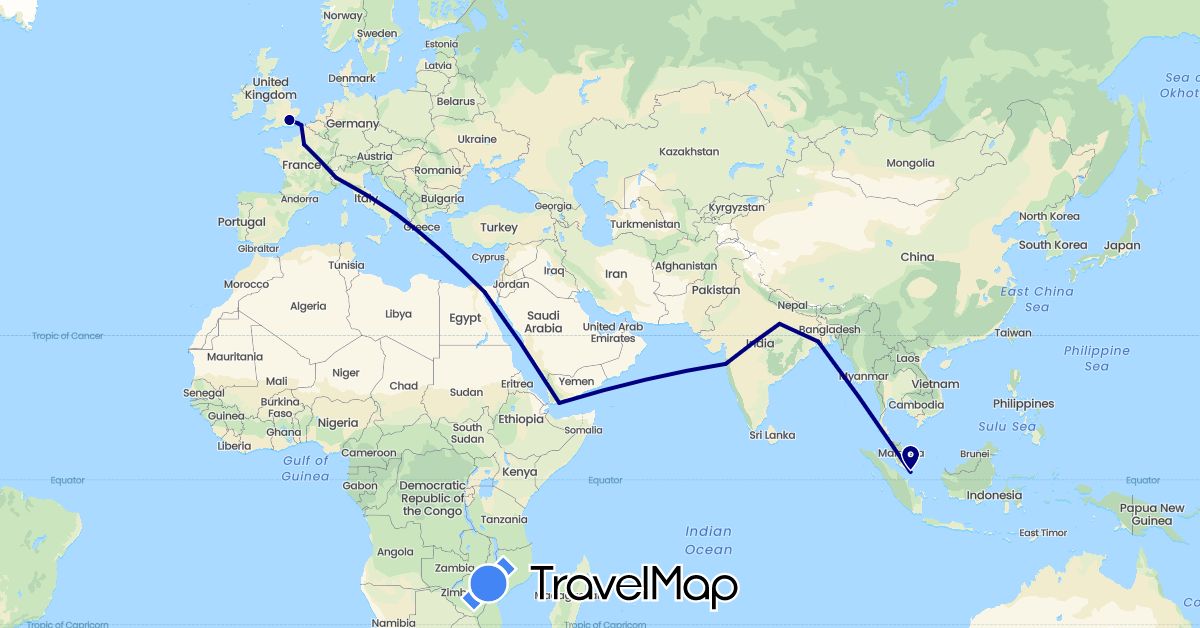 TravelMap itinerary: driving in Egypt, France, United Kingdom, India, Italy, Singapore, Yemen (Africa, Asia, Europe)